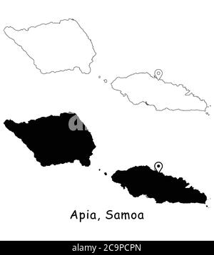 Apia, Samoa. Mappa dettagliata del Paese con il pin della posizione sulla città capitale. Silhouette nera e mappe di contorno isolate su sfondo bianco. Vettore EPS Illustrazione Vettoriale