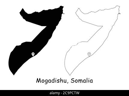 Mogadiscio, Repubblica federale di Somalia. Mappa dettagliata del Paese con il pin della posizione sulla città capitale. Silhouette nera e mappe di contorno isolate su bianco ba Illustrazione Vettoriale