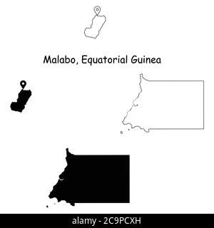 Malabo Guinea Equatoriale. Mappa dettagliata del Paese con il pin della posizione sulla città capitale. Silhouette nera e mappe di contorno isolate su sfondo bianco. EPS Illustrazione Vettoriale