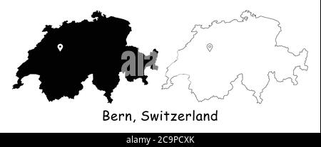 Berna, Svizzera. Mappa dettagliata del Paese con il pin della posizione sulla città capitale. Silhouette nera e mappe di contorno isolate su sfondo bianco. Vettore EPS Illustrazione Vettoriale