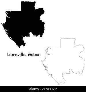 Libreville Gabon. Mappa dettagliata del Paese con il pin della posizione sulla città capitale. Silhouette nera e mappe di contorno isolate su sfondo bianco. Vettore EPS Illustrazione Vettoriale