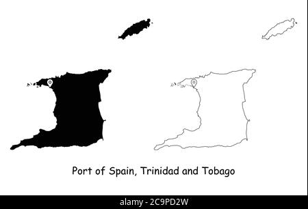 Porto di Spagna, Trinidad e Tobago. Mappa dettagliata del Paese con il pin della posizione sulla città capitale. Silhouette nera e mappe di contorno isolate su sfondo bianco Illustrazione Vettoriale