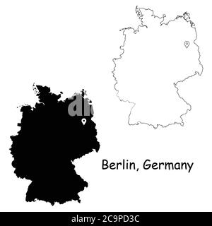 Berlino Germania. Mappa dettagliata del Paese con il pin della posizione sulla città capitale. Silhouette nera e mappe di contorno isolate su sfondo bianco. Vettore EPS Illustrazione Vettoriale