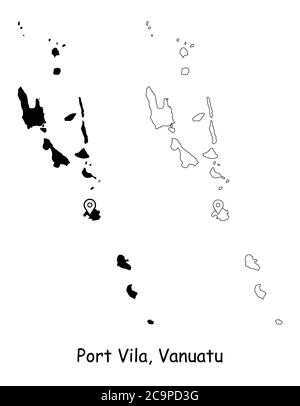 Port Vila, Vanuatu. Mappa dettagliata del Paese con il pin della posizione sulla città capitale. Silhouette nera e mappe di contorno isolate su sfondo bianco. Vettore EPS Illustrazione Vettoriale