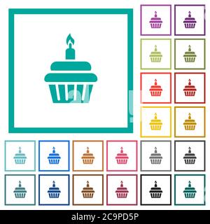 Cupcake compleanno icone di colore piatto con cornici quadranti su sfondo bianco Illustrazione Vettoriale