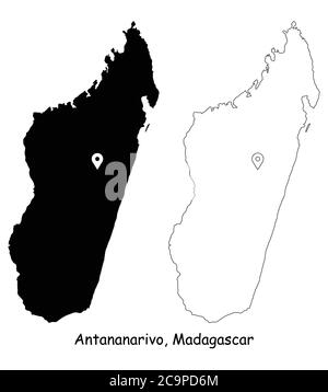 Antananarivo Madagascar. Mappa dettagliata del Paese con il pin della posizione sulla città capitale. Silhouette nera e mappe di contorno isolate su sfondo bianco. V EPS Illustrazione Vettoriale