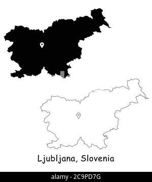 Lubiana, Slovenia. Mappa dettagliata del Paese con il pin della posizione sulla città capitale. Silhouette nera e mappe di contorno isolate su sfondo bianco. VECTO EPS Illustrazione Vettoriale