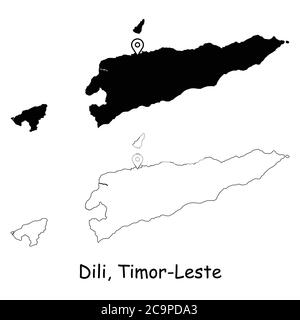 Dili, Timor Est. Mappa dettagliata del Paese con il pin della posizione sulla città capitale. Silhouette nera e mappe di contorno isolate su sfondo bianco. Vettore EPS Illustrazione Vettoriale