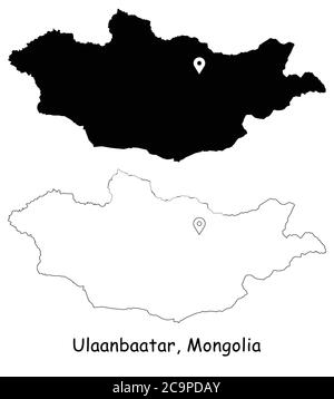 Ulaanbaatar, Mongolia. Mappa dettagliata del Paese con il pin della posizione sulla città capitale. Silhouette nera e mappe di contorno isolate su sfondo bianco. VEC. EPS Illustrazione Vettoriale