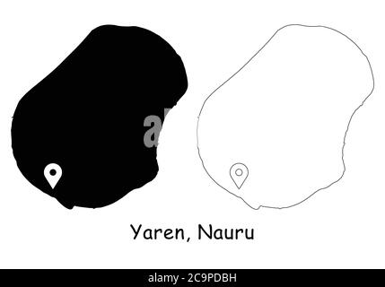 Yaren, Nauru. Mappa dettagliata del Paese con il pin della posizione sulla città capitale. Silhouette nera e mappe di contorno isolate su sfondo bianco. Vettore EPS Illustrazione Vettoriale