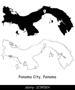 Panama City, Panama. Mappa dettagliata del Paese con il pin della posizione sulla città capitale. Silhouette nera e mappe di contorno isolate su sfondo bianco. VECTO EPS Illustrazione Vettoriale