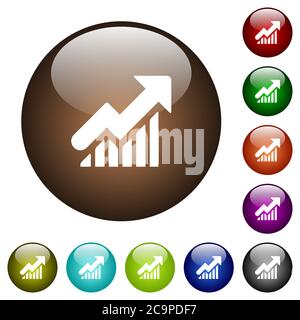 Icone bianche del grafico ascendente sui pulsanti rotondi in vetro a colori Illustrazione Vettoriale
