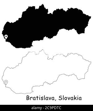 Bratislava, Slovacchia. Mappa dettagliata del Paese con il pin della posizione sulla città capitale. Silhouette nera e mappe di contorno isolate su sfondo bianco. EPS Vect Illustrazione Vettoriale