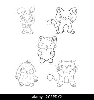 Insieme di illustrazioni di contorno di animali per bambini, scrapbooking e libri da colorare, isolati su uno sfondo bianco Illustrazione Vettoriale