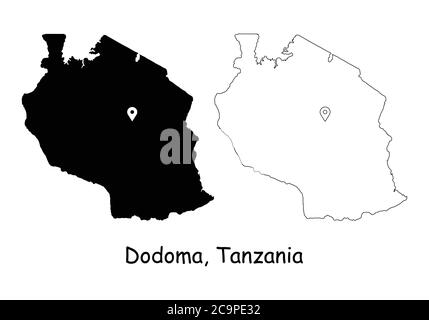 Dodoma, Repubblica unita di Tanzania. Mappa dettagliata del Paese con il pin della posizione sulla città capitale. Silhouette nera e mappe di contorno isolate su sfondo bianco Illustrazione Vettoriale