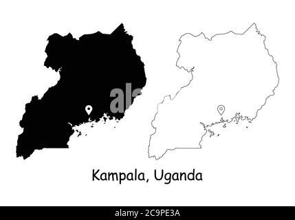 Kampala, Uganda. Mappa dettagliata del Paese con il pin della posizione sulla città capitale. Silhouette nera e mappe di contorno isolate su sfondo bianco. Vettore EPS Illustrazione Vettoriale