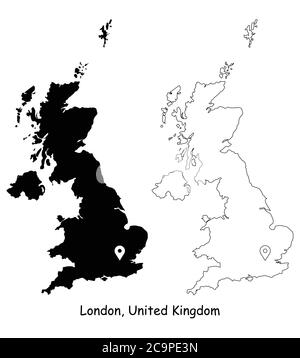 Londra, Regno Unito. Mappa dettagliata del Paese con il pin della posizione sulla città capitale. Silhouette nera e mappe di contorno isolate su sfondo bianco. EPS Ve Illustrazione Vettoriale