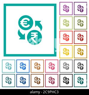 Euro Rupee scambio di denaro icone di colore piatto con cornici quadrante su sfondo bianco Illustrazione Vettoriale