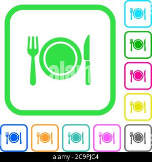 Cena icone piatte dai colori vivaci con bordi curvi su sfondo bianco Illustrazione Vettoriale
