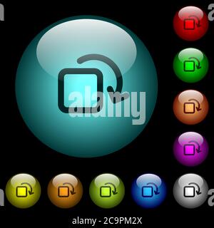 Ruota le icone degli elementi a colori con pulsanti in vetro sferico illuminati su sfondo nero. Può essere utilizzato per modelli neri o scuri Illustrazione Vettoriale