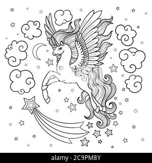 Carino unicorn fata con una mane lunga. Bianco e nero. Animale fantastico. Per la progettazione di libri da colorare, stampe, poster, tatuaggi, ecc. Vector Illustrazione Vettoriale