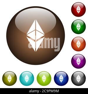 Icone bianche criptovalute digitali etereum classiche su bottoni rotondi in vetro di colore Illustrazione Vettoriale