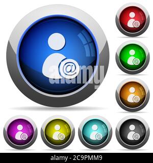 Invia i dati utente come icone e-mail in pulsanti rotondi lucidi con cornici in acciaio Illustrazione Vettoriale