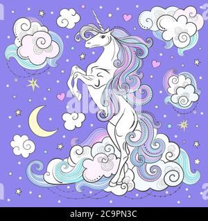 Unicorno bianco arcobaleno tra le nuvole su uno sfondo lilla. Fantastico, animale magico. Per il vostro disegno di stampa. poster, adesivi, biglietti e così via. V Illustrazione Vettoriale