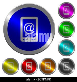 Icone di mailing mobili su pulsanti tondi in acciaio color moneta luminosa Illustrazione Vettoriale