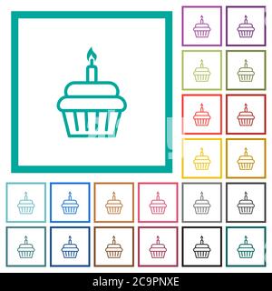 Cupcake compleanno icone di colore piatto con cornici quadranti su sfondo bianco Illustrazione Vettoriale