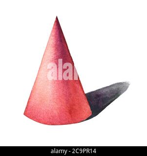 Cono rosso, forme geometriche di base con luce e ombra drammatiche in stile acquerello. Solidi isolati su sfondo bianco. Foto Stock