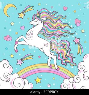 Unicorno bianco su un arcobaleno. Simpatico animale fantasy. Illustrazione per bambini. Per stampe di design. poster, biglietti, adesivi, ecc. Vector. Illustrazione Vettoriale