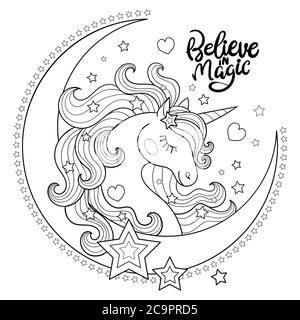 Credete nella magia. Bella unicorno con la luna. Fantasia animale illustrazione in bianco e nero. Per colorare libri, stampe, poster, cartoline, adesivi, Illustrazione Vettoriale