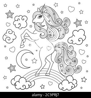 Unicorno con una lunga mane sull'arcobaleno. Immagine in bianco e nero. Disegno di linea. Per la progettazione di stampe, poster, tatuaggio, libri da colorare, badge, carte, Illustrazione Vettoriale
