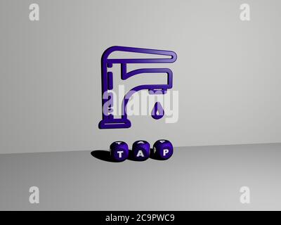 Rappresentazione 3D del tocco con icona sulla parete e testo disposto da lettere cubiche metalliche su un pavimento a specchio per il significato concettuale e presentazione presentazione presentazione. Acqua e illustrazione Foto Stock