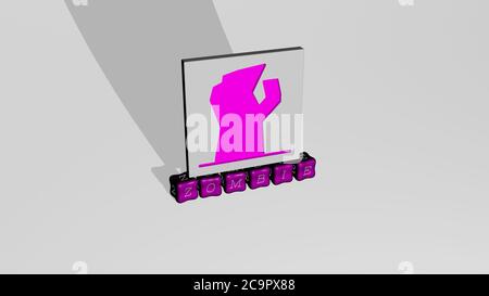 Immagine grafica 3D di zombie in verticale insieme al testo costruito da lettere cubiche metalliche dalla prospettiva superiore, eccellente per la presentazione concettuale e presentazioni. Illustrazione e halloween Foto Stock