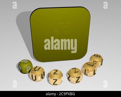 Immagine grafica 3D del puzzle in verticale insieme al testo costruito intorno all'icona da lettere cubiche metalliche dalla prospettiva superiore, eccellente per la presentazione concettuale e presentazioni. Illustrazione Foto Stock