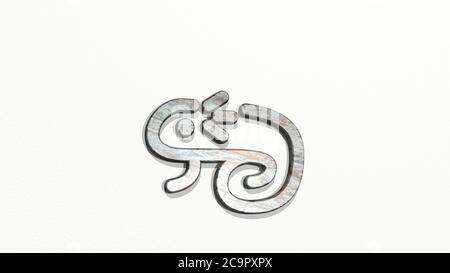 camaleonte anfibio da una prospettiva sul muro. Una scultura spessa realizzata in materiali metallici di rendering 3D, animale e rana Foto Stock