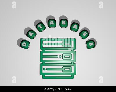 Illustrazione 3D di grafica di database e testo intorno all'icona fatta da lettere di dadi metallici per i significati relativi del concetto e delle presentazioni. Business e computer Foto Stock