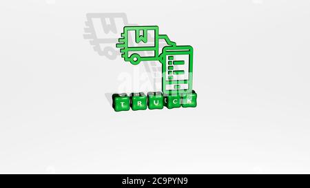 Illustrazione in 3D della grafica e del testo dei veicoli realizzati con lettere metalliche per i significati correlati del concetto e delle presentazioni. Auto e cargo Foto Stock