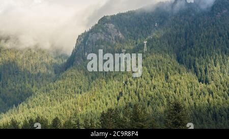 Una vista panoramica del lago artificiale di Cleveland Dam circondato da montagne, Vancouver Nord, Canada Foto Stock