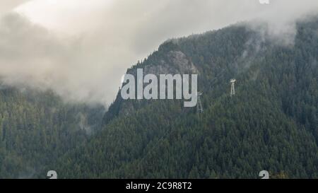 Una vista panoramica del lago artificiale di Cleveland Dam circondato da montagne, Vancouver Nord, Canada Foto Stock