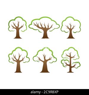 Insieme di illustrazioni di disegno vettoriali ad albero. Nature Tree vettoriale in stile piano per elementi grafici decorativi di sfondo. Icona struttura semplice, logo, sig Illustrazione Vettoriale