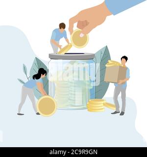 Fondi di folla, raccogliere denaro in donazione di barattoli, denaro sicuro. Investimenti finanziari vettoriali, donare moneta, la gente raccogliere e dare moneta d'oro in vetro vaso malato Illustrazione Vettoriale