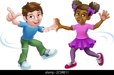 Ragazza e ragazzo Cartoon bambini bambini Dancing Illustrazione Vettoriale