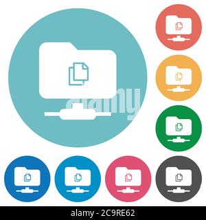 Copia file remoto su icone bianche piatte FTP su sfondi rotondi Illustrazione Vettoriale