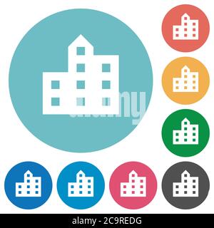 Icone bianche piatte sulla silhouette della città su sfondi rotondi Illustrazione Vettoriale