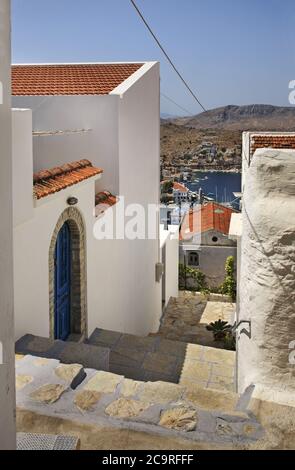 Vecchia torre in Ano Symi. Grecia Foto Stock