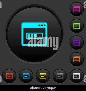 Applicazione installazione di pulsanti scuri con icone di colori vivaci su sfondo grigio scuro Illustrazione Vettoriale