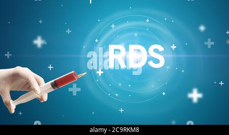 Ago per siringa con vaccino virale e abbreviazione RDS, concetto antidoto Foto Stock